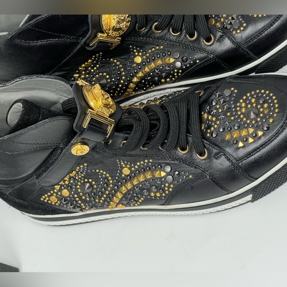 VERSACE STUDDED HIGH-TOP SNEAKERS with GOLD MEDUSA BUCKLE - Picture 6 of 8